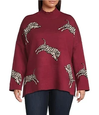Ali Miles Plus Size Tiger Jacquard Print Mock Neck 3/4 Sleeve Popover Sweater