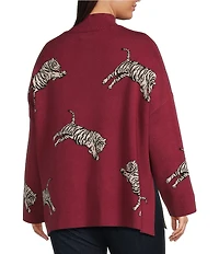 Ali Miles Plus Size Tiger Jacquard Print Mock Neck 3/4 Sleeve Popover Sweater