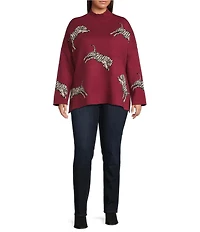 Ali Miles Plus Size Tiger Jacquard Print Mock Neck 3/4 Sleeve Popover Sweater
