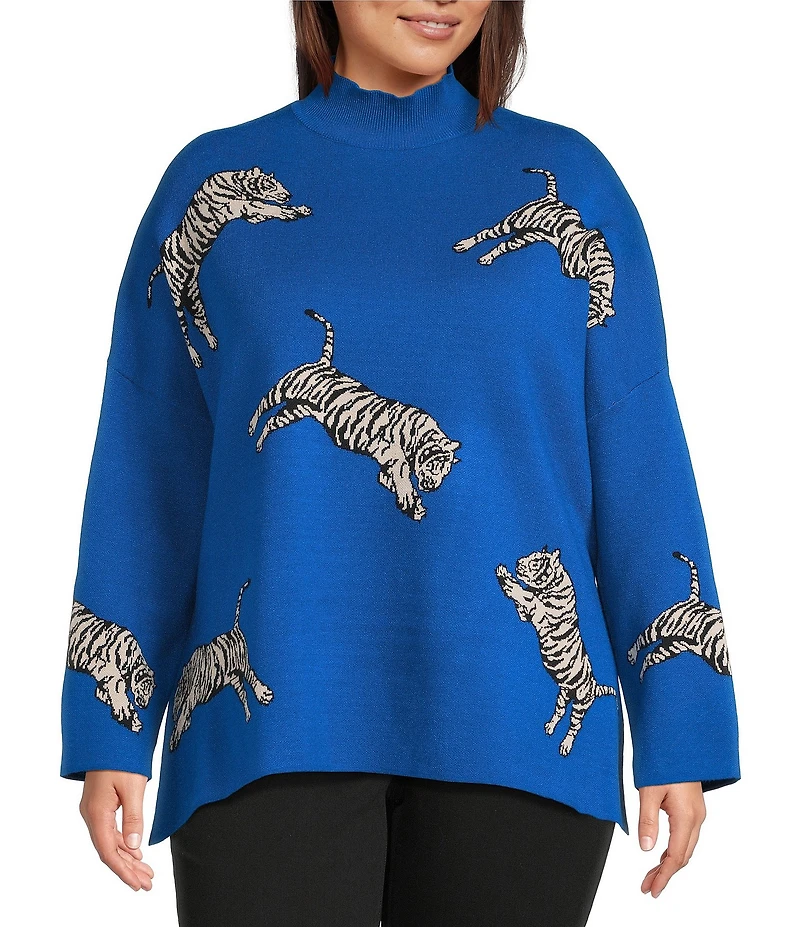 Ali Miles Plus Size Tiger Jacquard Print Mock Neck 3/4 Sleeve Popover Sweater