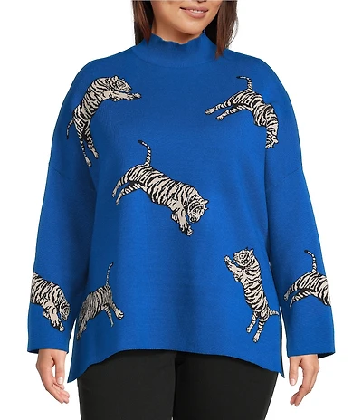Ali Miles Plus Size Tiger Jacquard Print Mock Neck 3/4 Sleeve Popover Sweater