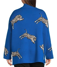 Ali Miles Plus Size Tiger Jacquard Print Mock Neck 3/4 Sleeve Popover Sweater
