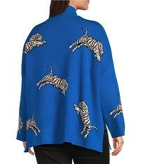 Ali Miles Plus Size Tiger Jacquard Print Mock Neck 3/4 Sleeve Popover Sweater