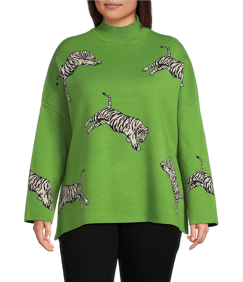Ali Miles Plus Size Tiger Jacquard Print Mock Neck 3/4 Sleeve Popover Sweater