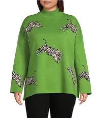 Ali Miles Plus Size Tiger Jacquard Print Mock Neck 3/4 Sleeve Popover Sweater