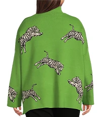 Ali Miles Plus Size Tiger Jacquard Print Mock Neck 3/4 Sleeve Popover Sweater