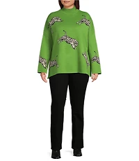 Ali Miles Plus Size Tiger Jacquard Print Mock Neck 3/4 Sleeve Popover Sweater