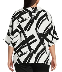 Ali Miles Plus Size Woven Abstract Cowl Neck Short Dolman Sleeve Pullover Top
