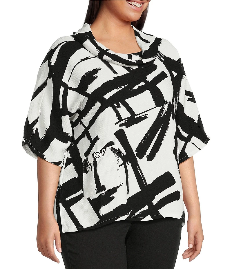 Ali Miles Plus Size Woven Abstract Cowl Neck Short Dolman Sleeve Pullover Top