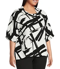 Ali Miles Plus Size Woven Abstract Cowl Neck Short Dolman Sleeve Pullover Top