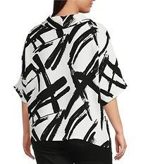 Ali Miles Plus Size Woven Abstract Cowl Neck Short Dolman Sleeve Pullover Top