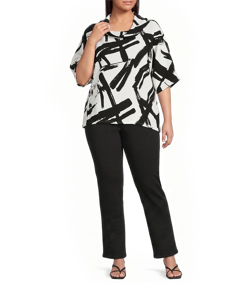 Ali Miles Plus Size Woven Abstract Cowl Neck Short Dolman Sleeve Pullover Top