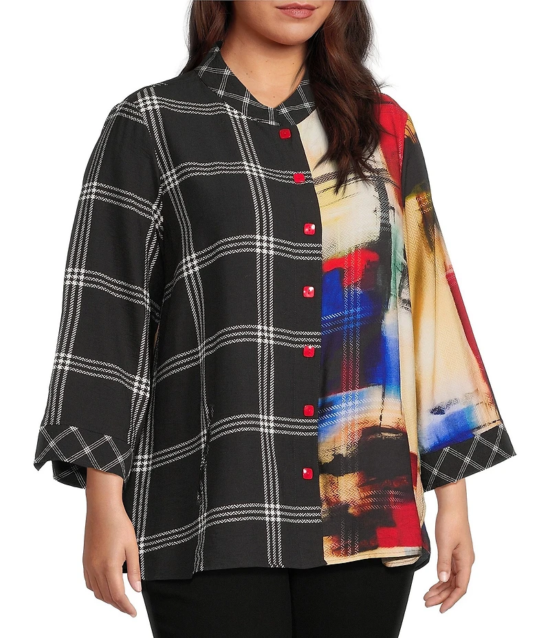 Ali Miles Plus Size Woven Abstract Multi Checked Stand Collar 3/4 Cuffed Sleeve Button Front Tunic