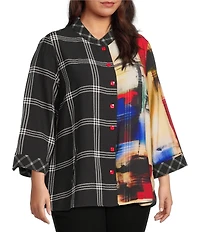 Ali Miles Plus Size Woven Abstract Multi Checked Stand Collar 3/4 Cuffed Sleeve Button Front Tunic