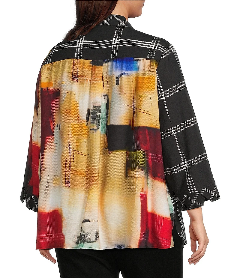 Ali Miles Plus Size Woven Abstract Multi Checked Stand Collar 3/4 Cuffed Sleeve Button Front Tunic