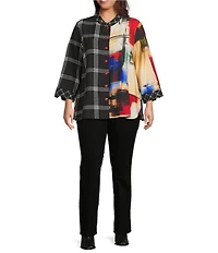 Ali Miles Plus Size Woven Abstract Multi Checked Stand Collar 3/4 Cuffed Sleeve Button Front Tunic