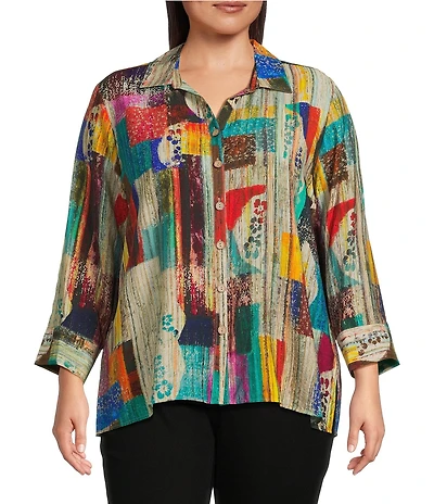 Ali Miles Plus Size Woven Abstract Multi Print Point Collar 3/4 Cuff Sleeve Button Front Tunic
