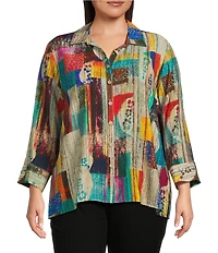Ali Miles Plus Size Woven Abstract Multi Print Point Collar 3/4 Cuff Sleeve Button Front Tunic