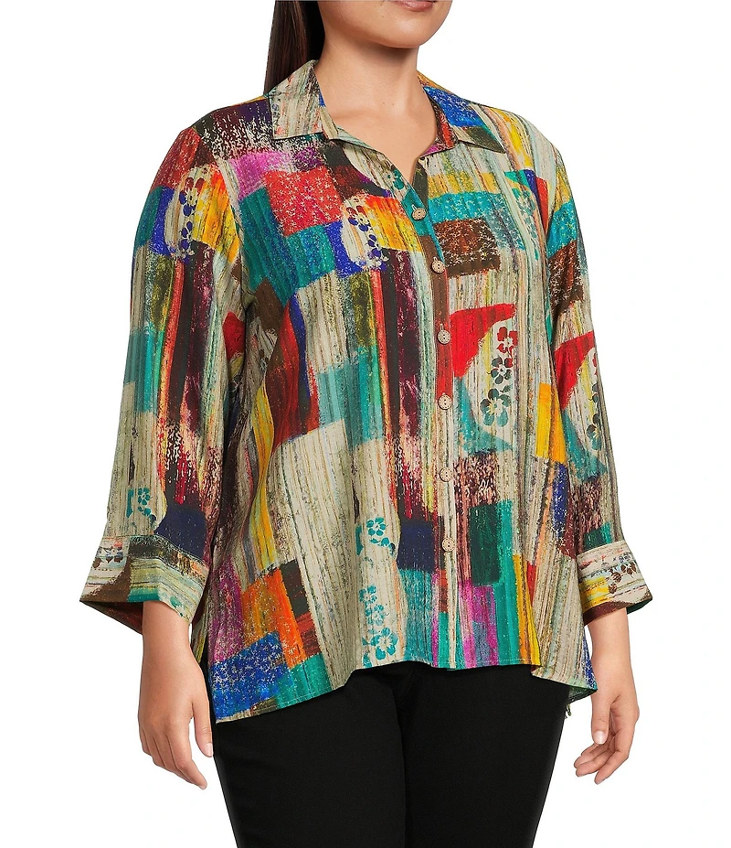Ali Miles Plus Size Woven Abstract Multi Print Point Collar 3/4 Cuff Sleeve Button Front Tunic