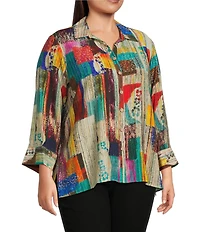Ali Miles Plus Size Woven Abstract Multi Print Point Collar 3/4 Cuff Sleeve Button Front Tunic