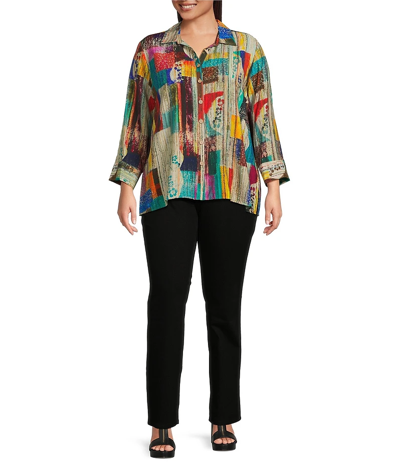 Ali Miles Plus Size Woven Abstract Multi Print Point Collar 3/4 Cuff Sleeve Button Front Tunic