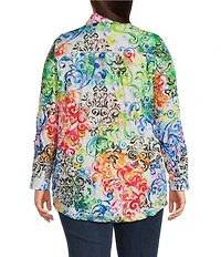Ali Miles Plus Size Woven Abstract Multi Print Point Collar 3/4 Roll-Tab Sleeve Button-Front Tunic