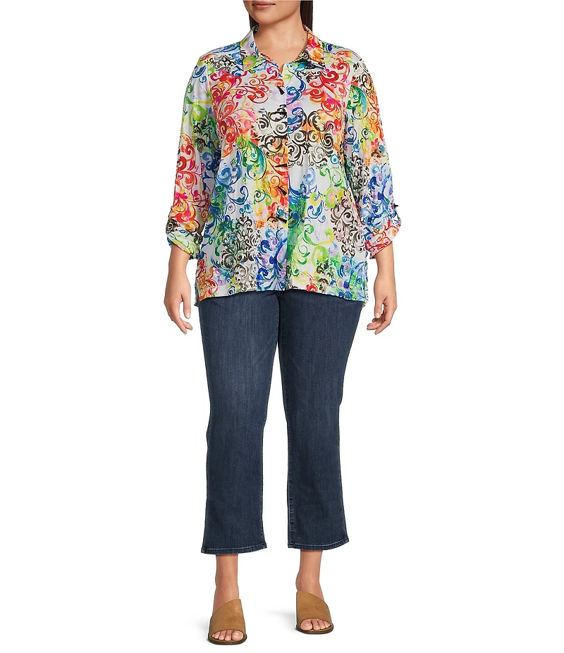 Ali Miles Plus Size Woven Abstract Multi Print Point Collar 3/4 Roll-Tab Sleeve Button-Front Tunic