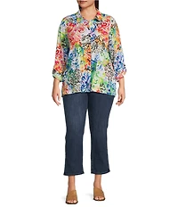 Ali Miles Plus Size Woven Abstract Multi Print Point Collar 3/4 Roll-Tab Sleeve Button-Front Tunic
