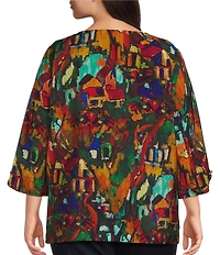 Ali Miles Plus Size Woven Abstract Multi Print Round Neck 3/4 Sleeve Top
