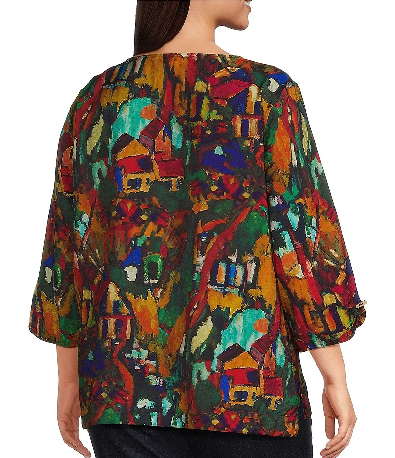 Ali Miles Plus Size Woven Abstract Multi Print Round Neck 3/4 Sleeve Top
