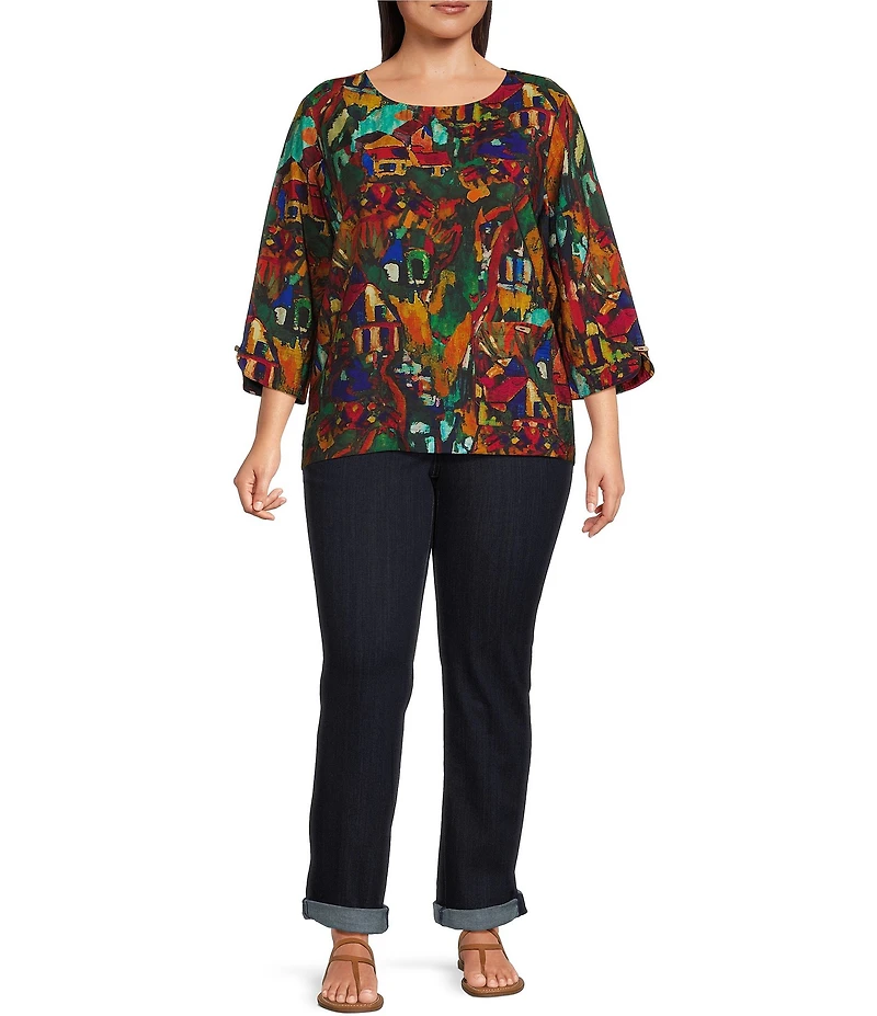Ali Miles Plus Size Woven Abstract Multi Print Round Neck 3/4 Sleeve Top