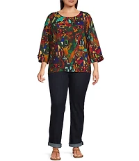 Ali Miles Plus Size Woven Abstract Multi Print Round Neck 3/4 Sleeve Top