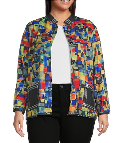 Ali Miles Plus Size Woven Abstract Multi Print Stand Collar 3/4 Sleeve Reversible Jacket