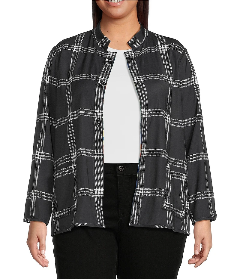 Ali Miles Plus Size Woven Abstract Multi Print Stand Collar 3/4 Sleeve Reversible Jacket