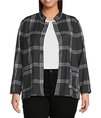 Ali Miles Plus Size Woven Abstract Multi Print Stand Collar 3/4 Sleeve Reversible Jacket