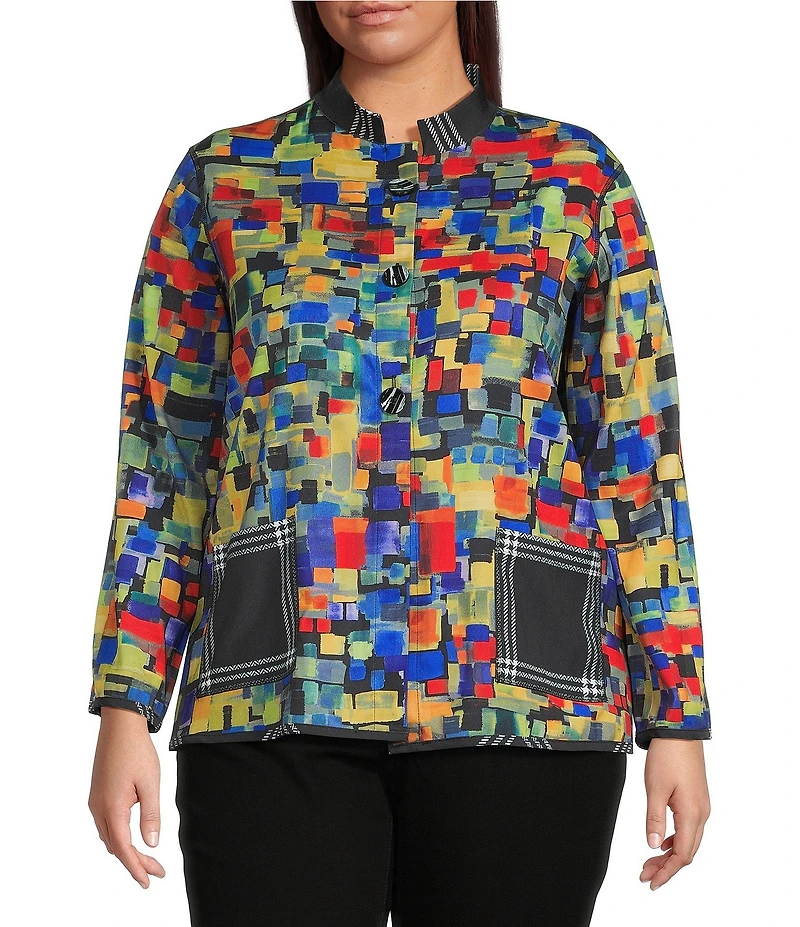 Ali Miles Plus Size Woven Abstract Multi Print Stand Collar 3/4 Sleeve Reversible Jacket