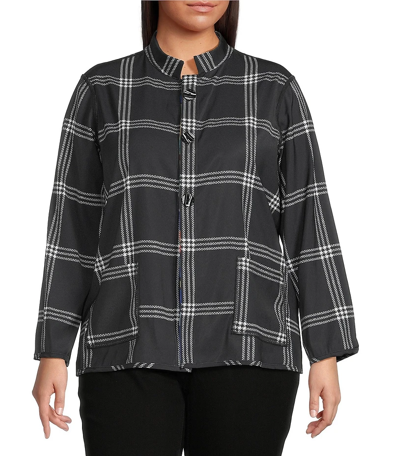 Ali Miles Plus Size Woven Abstract Multi Print Stand Collar 3/4 Sleeve Reversible Jacket