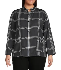 Ali Miles Plus Size Woven Abstract Multi Print Stand Collar 3/4 Sleeve Reversible Jacket