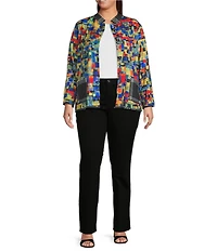 Ali Miles Plus Size Woven Abstract Multi Print Stand Collar 3/4 Sleeve Reversible Jacket