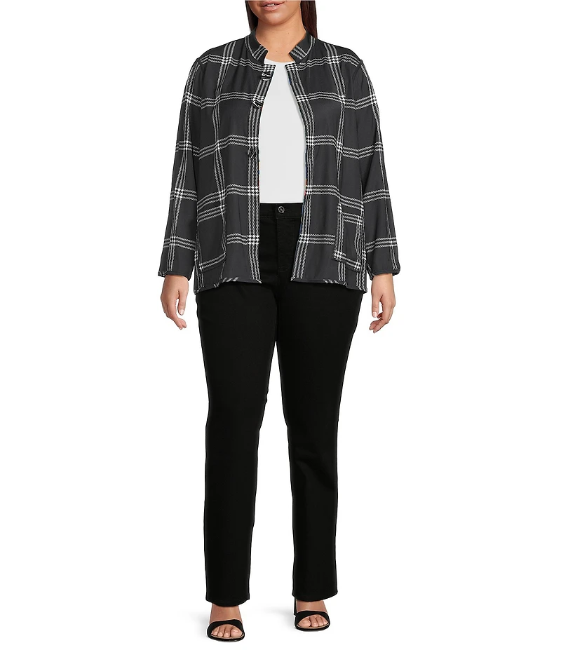 Ali Miles Plus Size Woven Abstract Multi Print Stand Collar 3/4 Sleeve Reversible Jacket