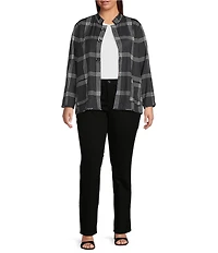 Ali Miles Plus Size Woven Abstract Multi Print Stand Collar 3/4 Sleeve Reversible Jacket
