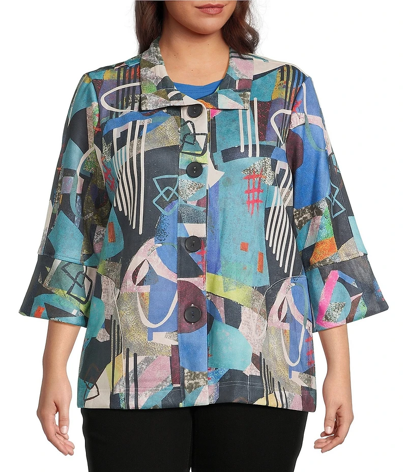 Ali Miles Plus Size Woven Abstract Multi Print Wire Collar 3/4 Bell Cuff Sleeve Button-Front Jacket