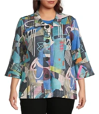 Ali Miles Plus Size Woven Abstract Multi Print Wire Collar 3/4 Bell Cuff Sleeve Button-Front Jacket