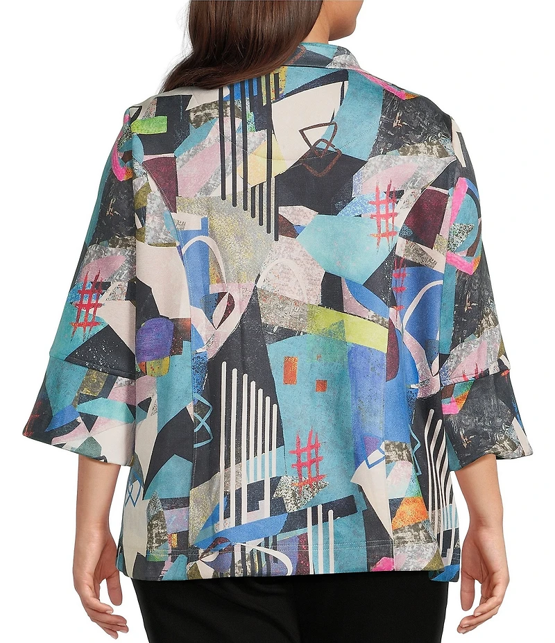 Ali Miles Plus Size Woven Abstract Multi Print Wire Collar 3/4 Bell Cuff Sleeve Button-Front Jacket