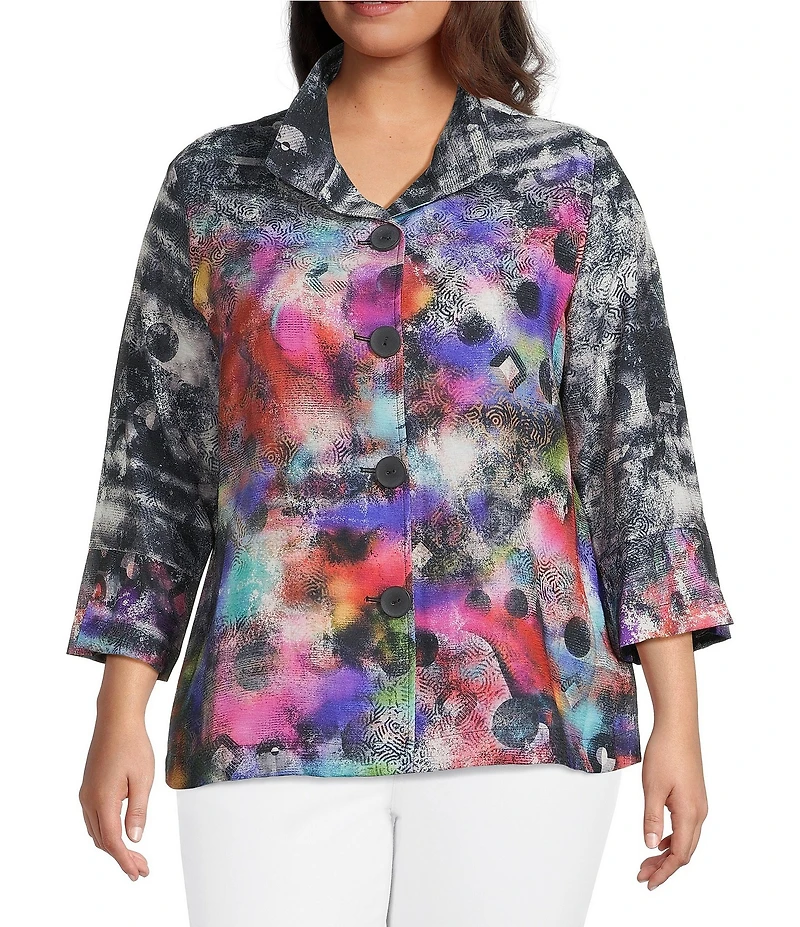 Ali Miles Plus Size Woven Abstract Multi Wire Collar 3/4 Sleeve Button-Front Jacket