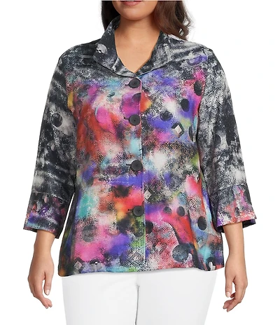 Ali Miles Plus Size Woven Abstract Multi Wire Collar 3/4 Sleeve Button-Front Jacket