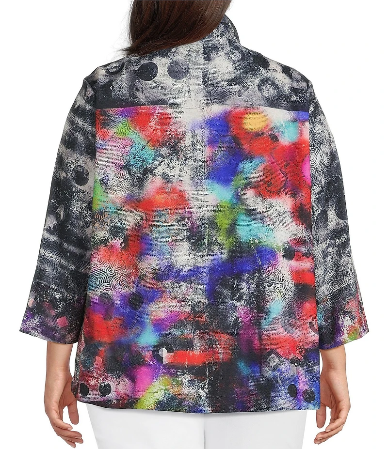 Ali Miles Plus Size Woven Abstract Multi Wire Collar 3/4 Sleeve Button-Front Jacket