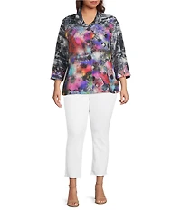 Ali Miles Plus Size Woven Abstract Multi Wire Collar 3/4 Sleeve Button-Front Jacket