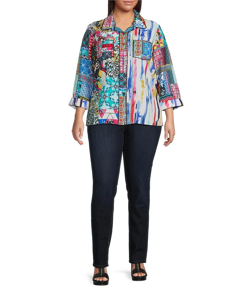 Ali Miles Plus Size Woven Abstract Print Point Collar 3/4 Cuff Sleeve Button-Front Tunic