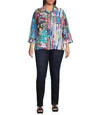 Ali Miles Plus Size Woven Abstract Print Point Collar 3/4 Cuff Sleeve Button-Front Tunic